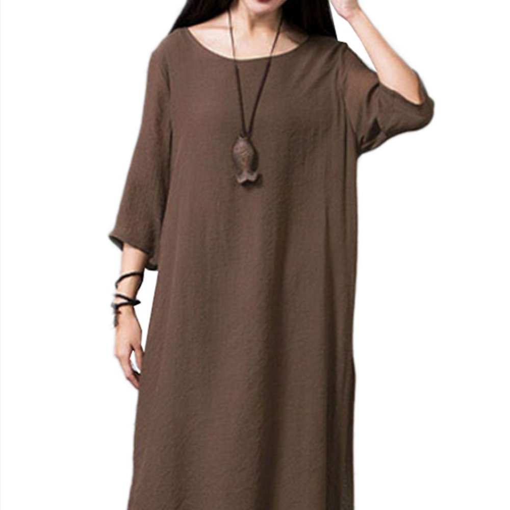 Two-Tone Brown Boho Linen-cotton Loose Long Maxi Dress